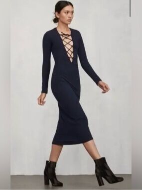 Reformation Edison Long Sleeve Lace-Up Midi Dress in Navy